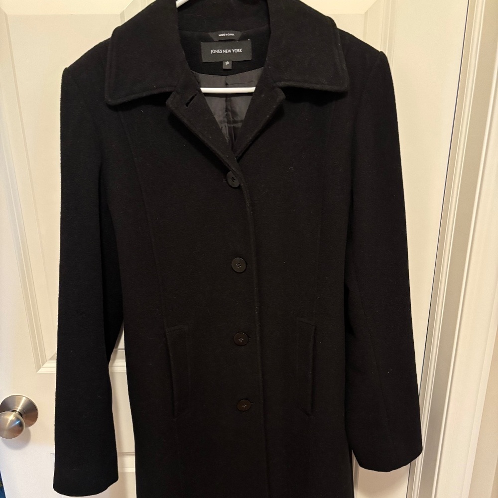 Jones New York Black Knee length  Front Button Down  Womens Coat Size 10